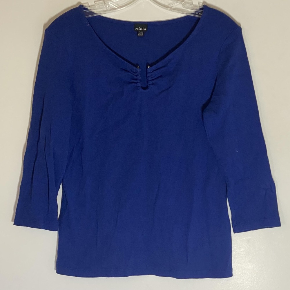 Rafaella Top Womens Medium Blue Scoop Neck 3/4 Sleeve Ruched Cotton Tee Shirt